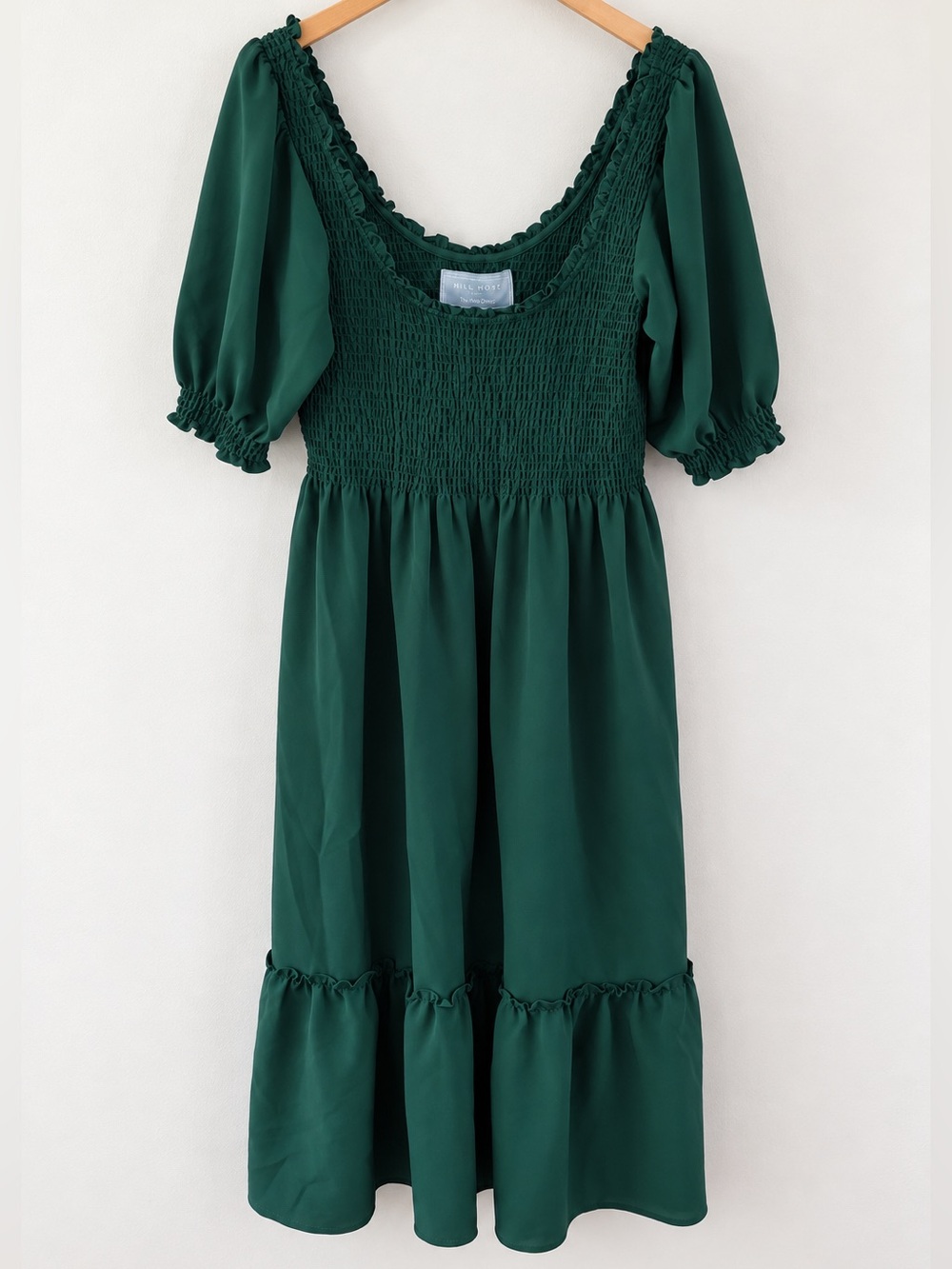 Hill House Louisa Nap Dress Emerald Green Smocked Puff Sleeve Midi Large Cottage